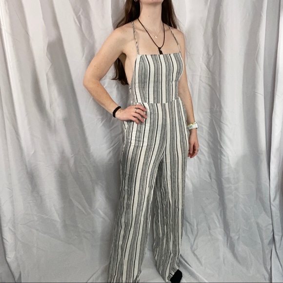 Forever 21 Stripped Jumpsuit Tank Top Pants Laced Open Back Small White Gray - Picture 1 of 11